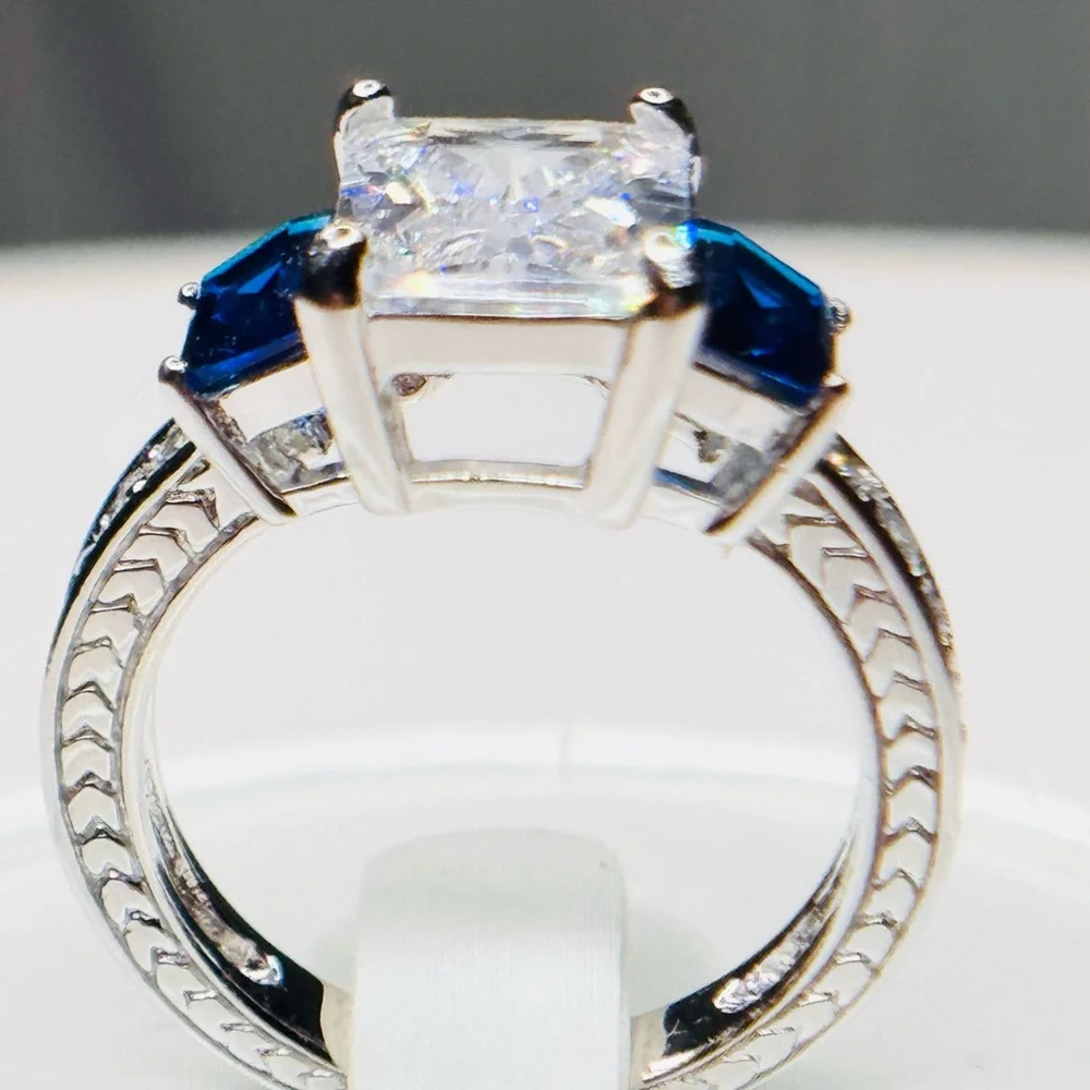 Elegant Sterling Silver Emerald Cut White Stone w/Blue Sapphire Stones - Picture 3 of 6